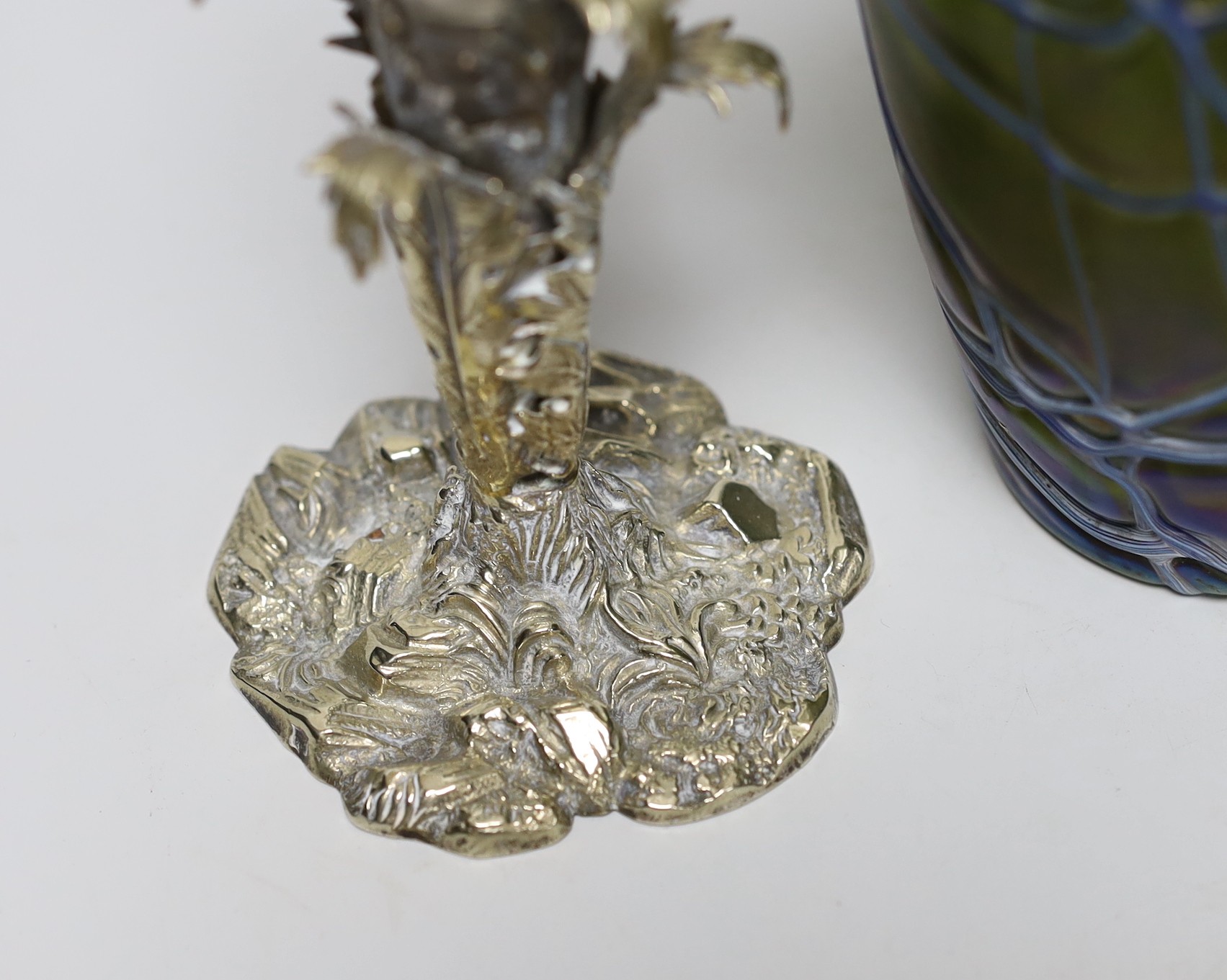 A Victorian thistle vase on cast plated base and a Pallme-Konig Art Nouveau glass vase
